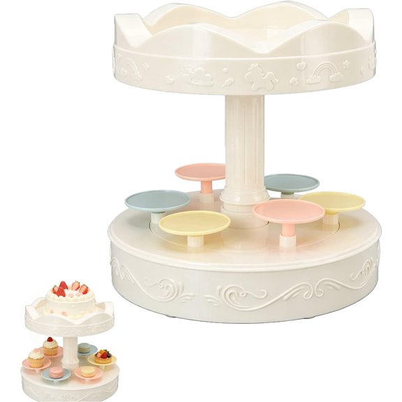 Automatic Rotating Cupcake Stand, Double Tiered Cupcake Carousel, Dessert Display Rack for Celebrations, Parties and Bakeries, Sturdy Lightweight Revolving HolderWhite