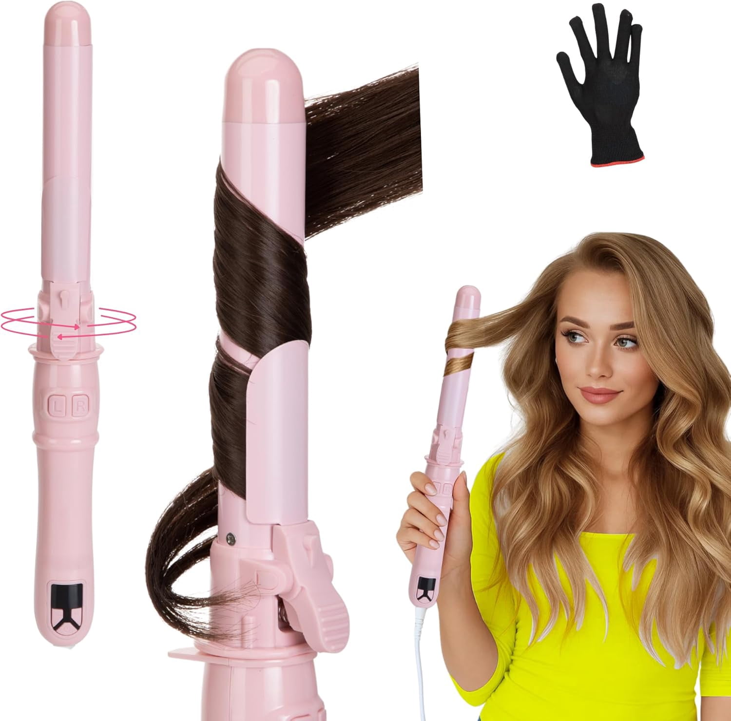 Automatic Rotating Curling Iron, 1.1-Inch Auto Hair Curler with 4 Temperature Settings & LCD Display, Anti-Scald & Dual Voltage