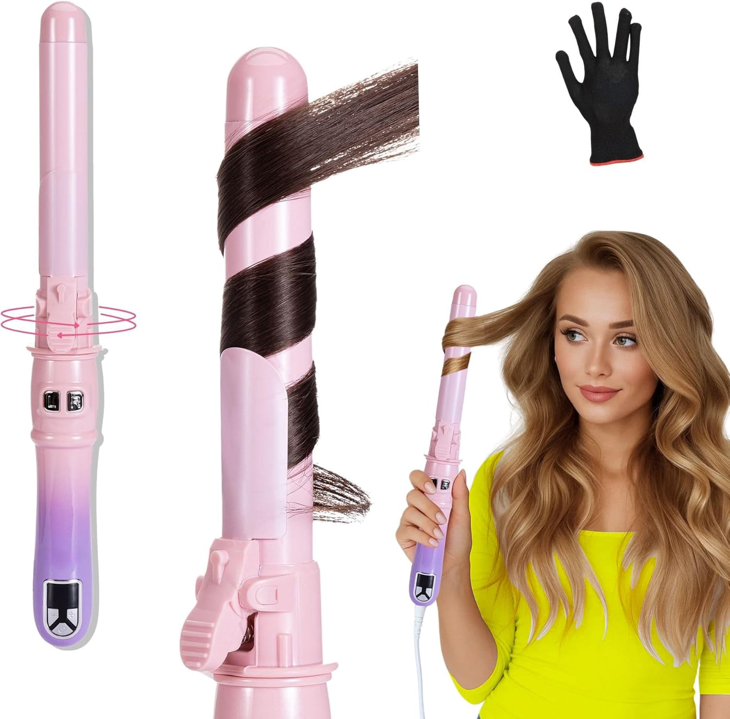 Automatic Rotating Curling Iron, 1.1-Inch Auto Hair Curler with 4 Temperature Settings & LCD Display, Anti-Scald & Dual Voltage