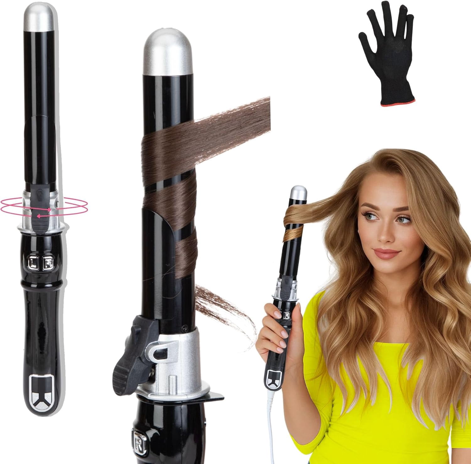 Automatic Rotating Curling Iron, 1.1-Inch Auto Hair Curler with 4 Temperature Settings & LCD Display, Anti-Scald & Dual Voltage