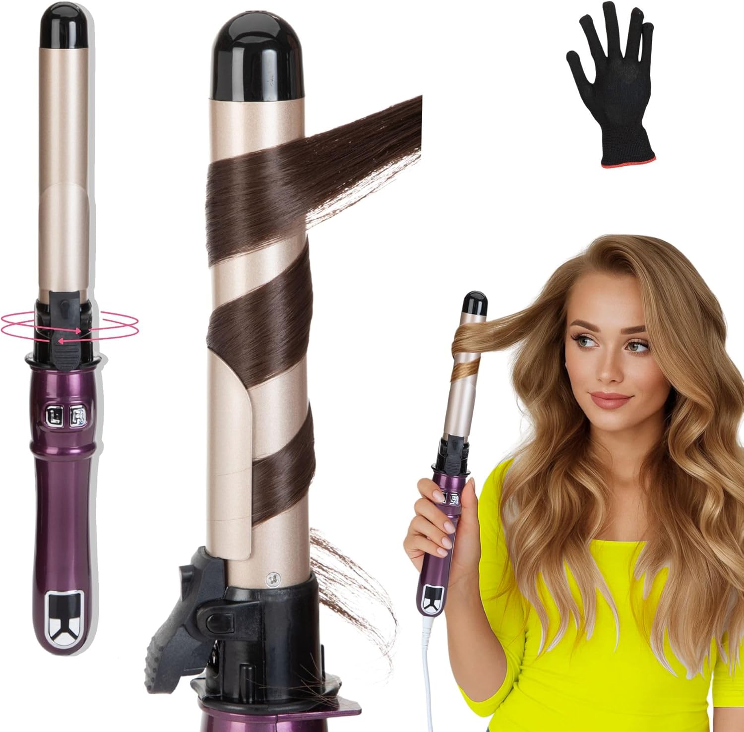 Automatic Rotating Curling Iron, 1.1-Inch Auto Hair Curler with 4 Temperature Settings & LCD Display, Anti-Scald & Dual Voltage