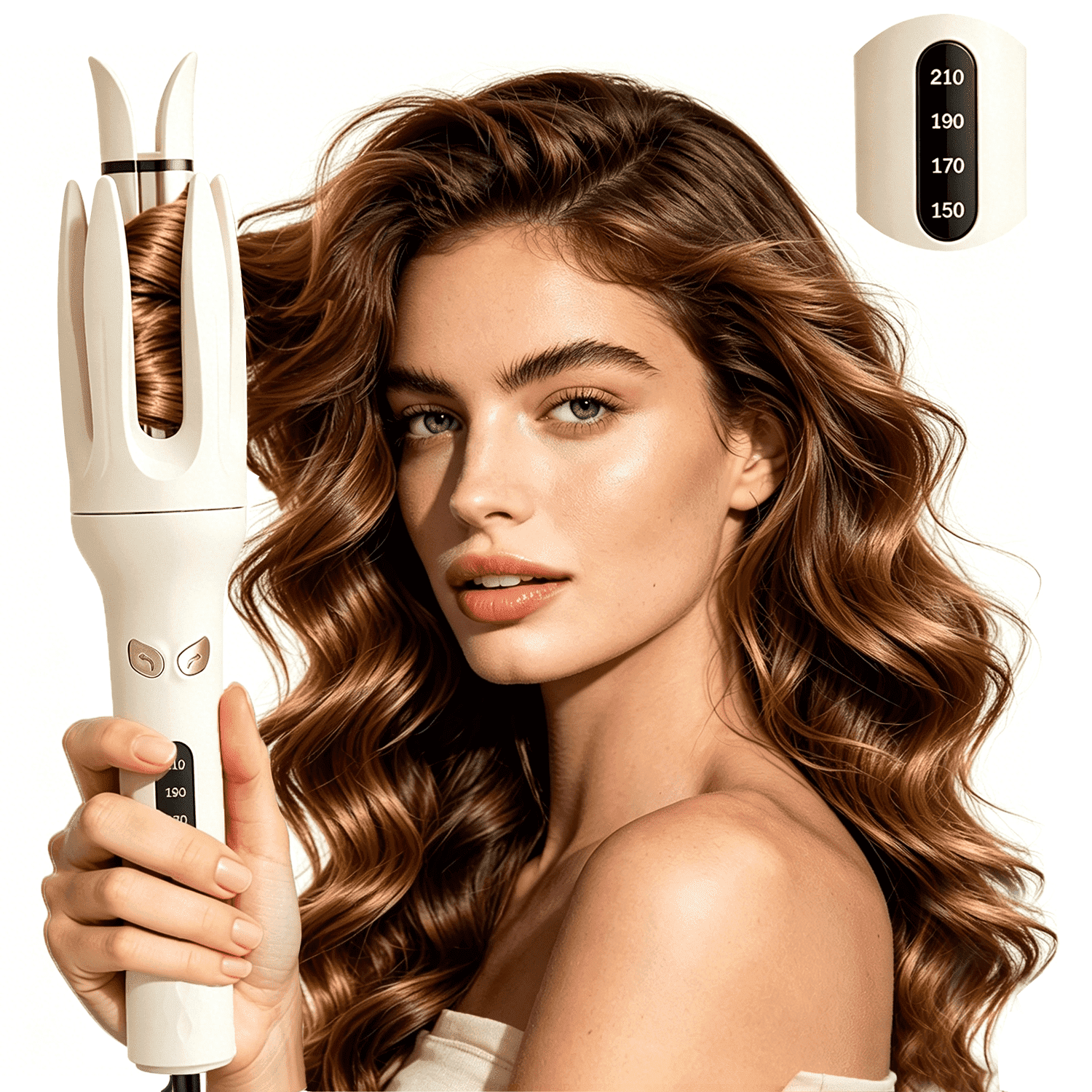1.1" Ceramic Barrel Automatic Curling Iron, Anti-Tangled Curling Wand with 4 Temp, Rotating Anti-Scald Hair Curler for Beach Waves, Yellow