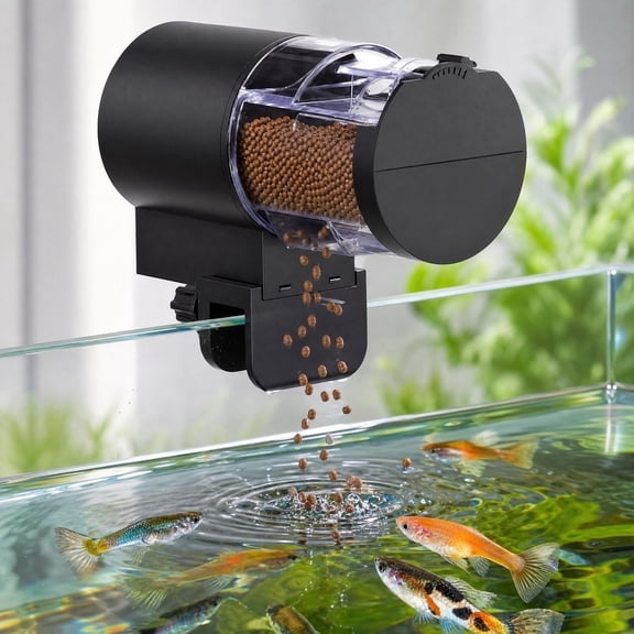 Automatic Scheduled Fish Feeder with Timer, 12/24 Hour Settings 7 Portion Controls, Low Noise Aquarium Food Dispenser for Powder Pellets Sticks