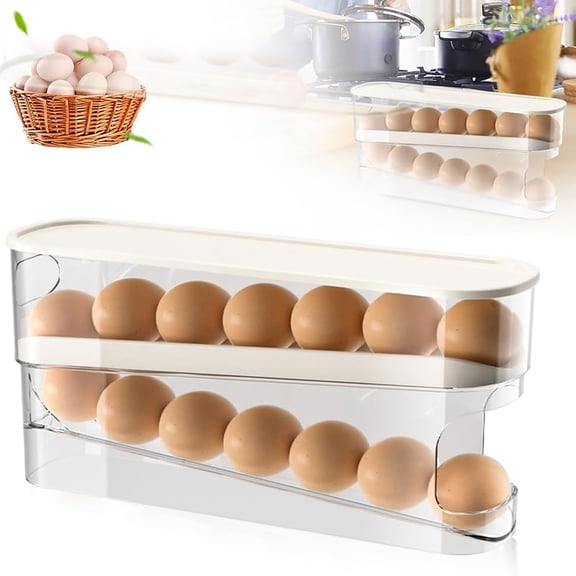 Automatic Scrolling Egg Holder for Fridge,Egg Organizer for Refrigerator Eggs Rack Holder Rolling Dispenser,Space Saving Egg Holder Countertop Fridge Container & Storage,Clear