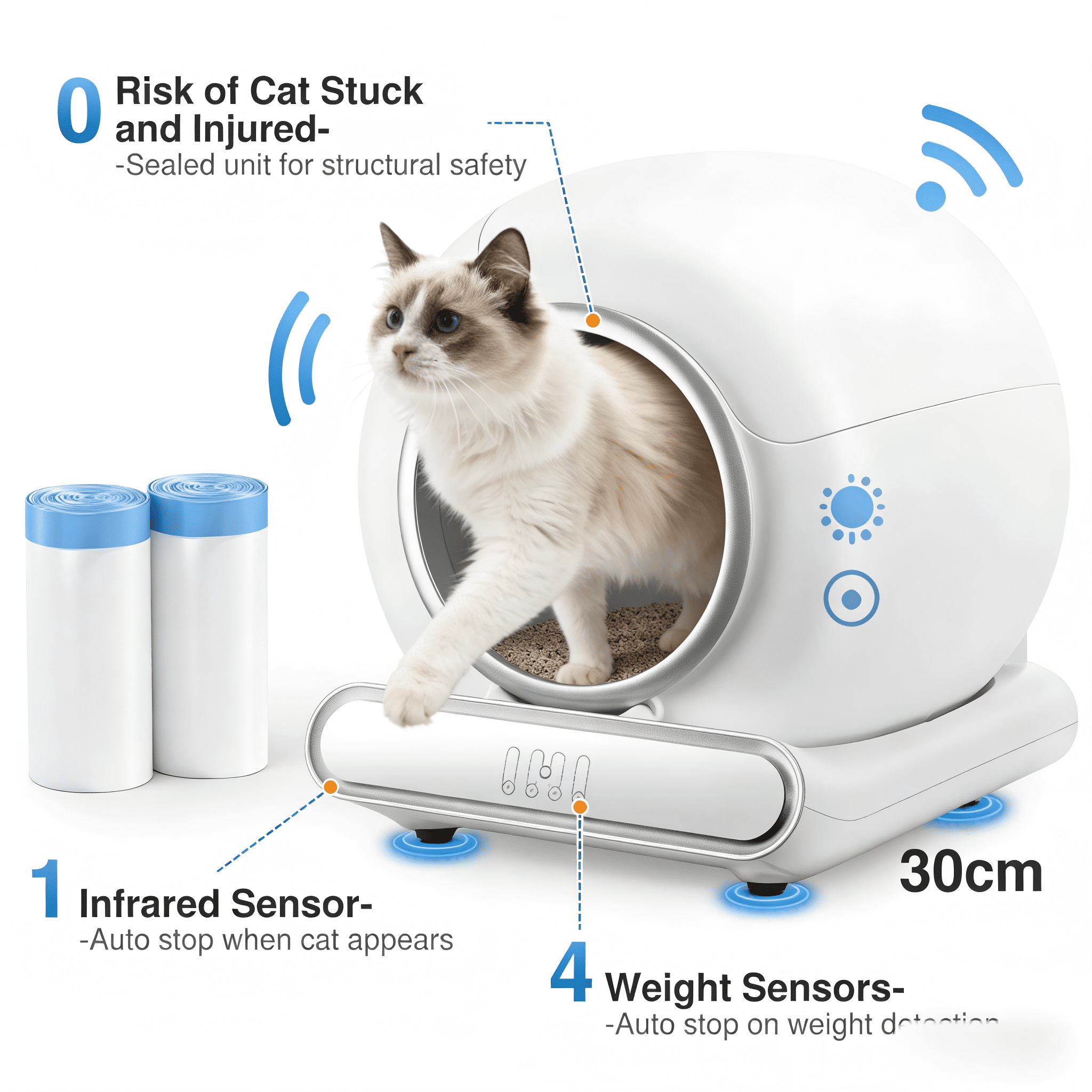 Automatic Self Cleaning Cat Litter Box with APP Control, Smart Safety Sensors, Large Capacity Automatic Litter Box for Multiple Cats, Odor Control & Quiet Operation, Includes Waste Bags