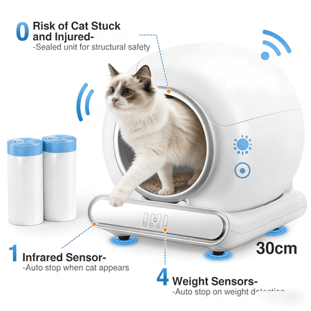 Automatic Self Cleaning Cat Litter Box with APP Control, Smart Safety Sensors, Large Capacity Automatic Litter Box for Multiple Cats, Odor Control & Quiet Operation, Includes Waste Bags