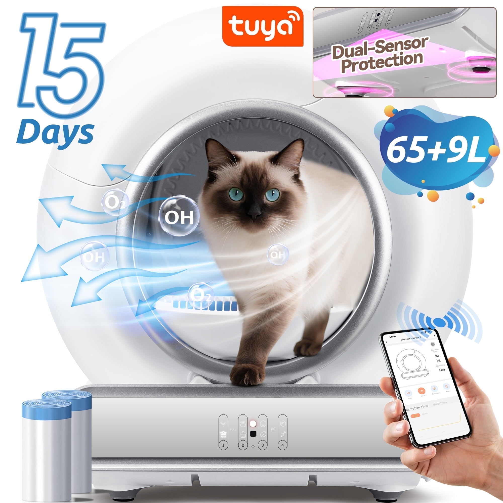 Automatic Litter Box for Multi Cats, Self Cleaning Litter Box, APP Control + Panel Control, Anti-Pinch Safety Design, 74 Large Capacity, Odor Control, Quiet Operation, 2 Roll Liners