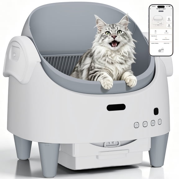 Automatic Self-Cleaning Cat Litter Box – Open Top, 15-Layer Safety Protection, Adjustable Low Entry, Large Odor-Controlled Waste Bin, App Control, Multi-Cat – US Standard - White