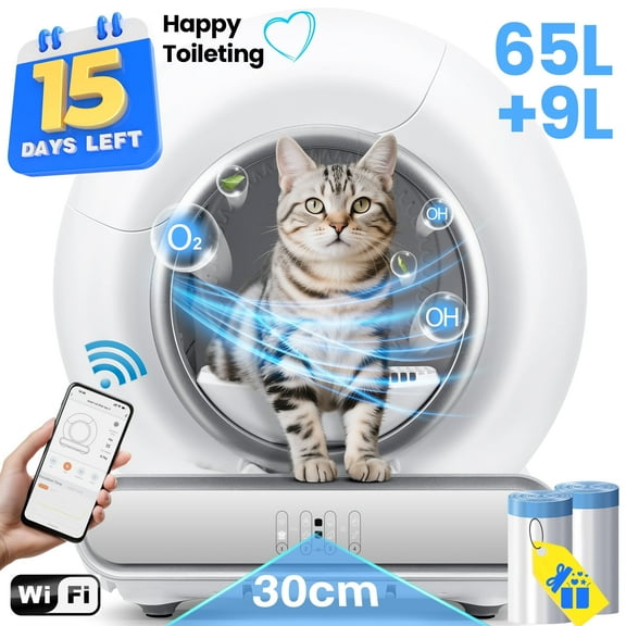 Automatic Self Cleaning Cat Litter Box for Multiple Cats, Cat Litter Box with Safety Protection, APP Control, Odor-Free, 2 Rolls Trash Bags, White