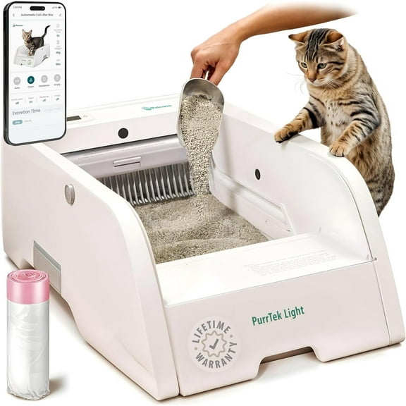 Petcove Automatic Litter Box for Cats with App Control – Self Cleaning, Odor Control, Quiet Auto Cat Litter Box for Multiple Cats - Light 1 bag