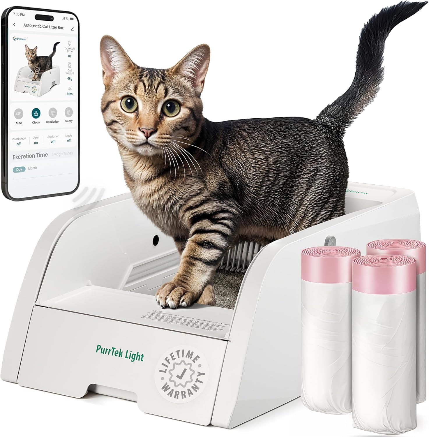 Petcove Automatic Litter Box for Cats with App Control  Self Cleaning,  Odor Control, Quiet Auto Cat Litter Box for Multiple Cats - Light 3 bags ...
