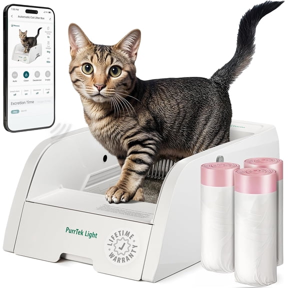 Petcove Automatic Litter Box for Cats with App Control – Self Cleaning, Odor Control, Quiet Auto Cat Litter Box for Multiple Cats - Light 3 bags bundle