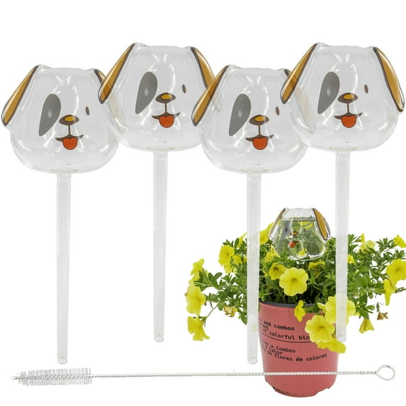 Automatic Self Watering Glass Plant Puppy Dog Globes - Drip Irrigation Ideal for Vacation Plant Care, Indoor/Outdoor Potted Flowers, Herbs, Houseplants - 9" 6-7 oz 4pc Set