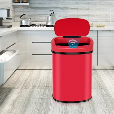 Automatic Sensor 13 Gallon Trash Can Touch Free Trash Can No Touch Garbage Can Kitchen Waste Bin Bathroom Trash Can with Lid for Home Bedroom Office, Power by Battery, Red