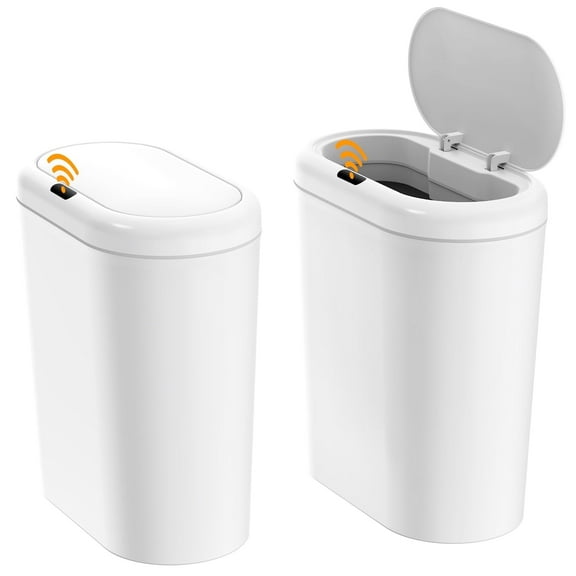 TINANA Automatic Sensor Trash Can with Lid 2 Pack: 3.3 Gallon Plastic Garbage Bins, Waterproof Touchless Slimline Wastebasket for Bathroom, Bedroom, Kitchen, Office, White