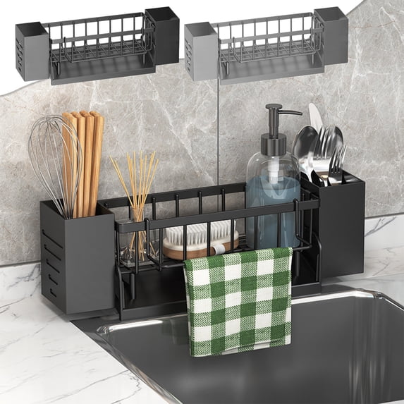 Automatic Sink Rack, Countertop Storage, Metal Construction, Multifunctional Holder, Kitchen Utensil Organizer, for Bathroom, Sturdy Steel, Dish Dryer, Over-the-Sink Design, Space-Saving SouMaox
