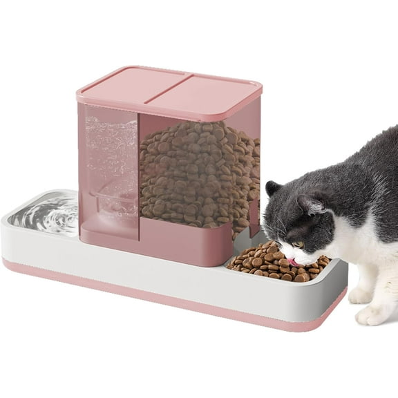 Automatic Small Pet Feeder and Water Dispenser, 2 in 1 Gravity Cat Auto Pet Feeder and Waterer Set Feeder Dish for Small Medium Pets Dog Puppy Kitten (Pink)