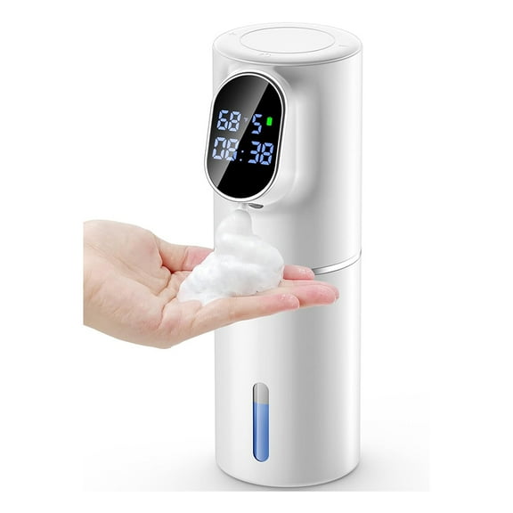 Automatic Soap Dispenser 5-Level Adjustment IPX6 Water- Foam Soap Dispenser LED Time and Temperature Display ABS White