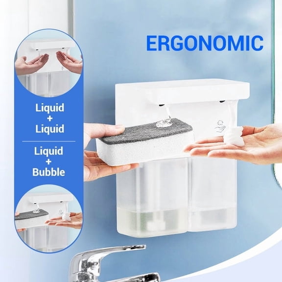 Automatic Soap Dispenser Dual Head Touchless Infrared Sensor, 2×300mL Transparent Reservoirs, USB-C Rechargeable, 30° Angled Spout, For Kitchen Bathroom