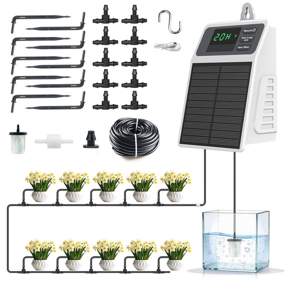 Solar drip Irrigation System, DIY Solar Watering System with Programmable Timer for 10 Potted Plants, IPX5 Auto Watering Kit for Indoor, Balcony, Garden & Vacation(Solar/USB-C Dual Power)