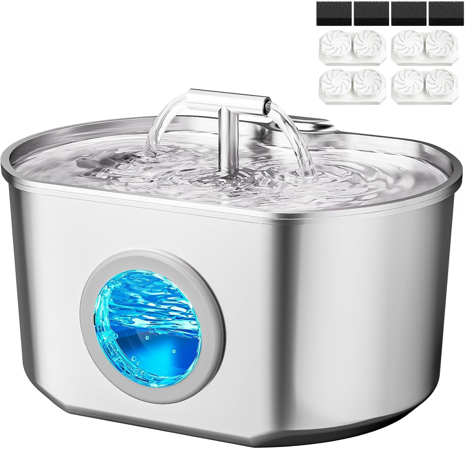 Automatic Stainless Steel Pet Water Dispenser Fountain with Water Level Window and Filters 3.2L/108oz for Cats Indoor Drinking