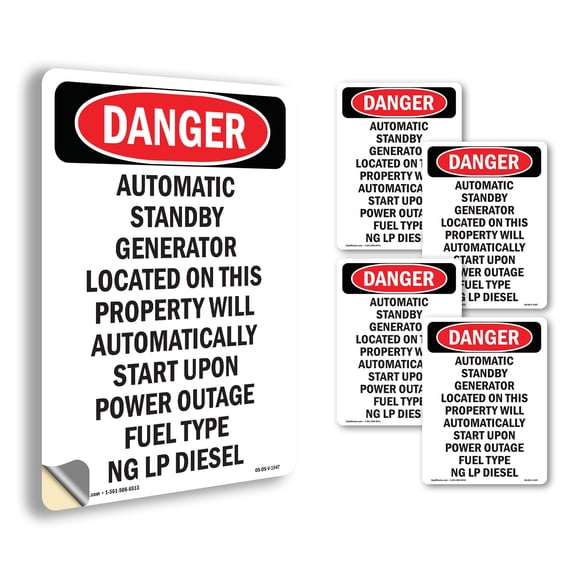 Automatic Standby Generator Located OSHA Danger Vinyl Decal Label 5 Inch x 3.5 Inch - 5 Pack