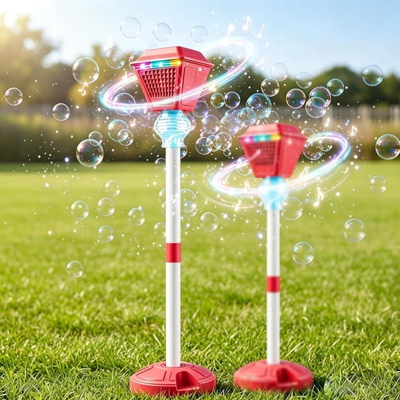 Automatic Standing Bubble Machine, Street Lamp Style Tower with Lights & Music, Adjustable Height Bubble Maker for Wedding, Party, Outdoor Garden Events(Red)
