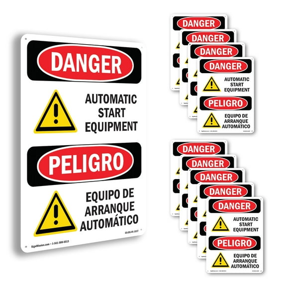 Automatic Start Equipment Bilingual OSHA Danger Aluminum Sign 18 Inch x 12 Inch - 10 Pack