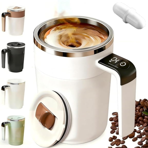 Automatic Stirring Coffee Cup with Temperature Display, New Rechargeable Coffee Mug, Self Stirring Coffee Mug with Lid, Multifunctional Travel Spin Mug for Coffee, Milk, and Other Beverages (White)