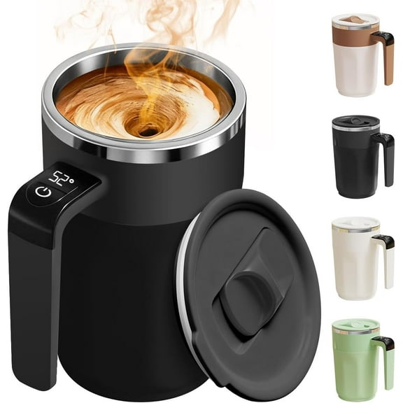Automatic Stirring Coffee Cup with Temperature Display, Rechargeable Coffee Mug, 13.5oz Self-Stirring Mug with Lid, Stainless Steel Material Suitable for Coffee, Milk, and Other Beverages (Black)