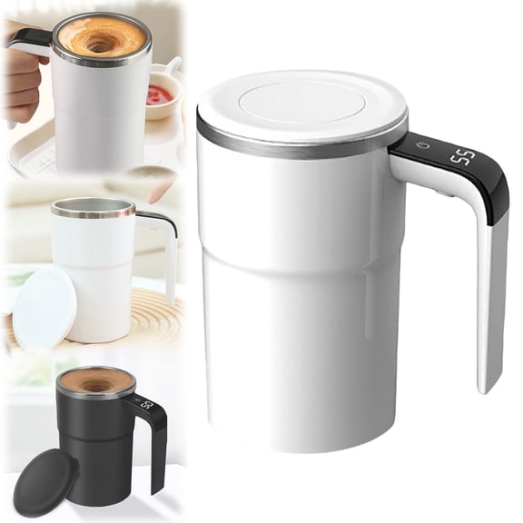 Automatic Stirring Coffee Mug with Digital Display – Self Mixing Magnetic Coffee Cup, Rechargeable Electric Coffee Mug for Coffee, Tea & Hot Chocolate, White