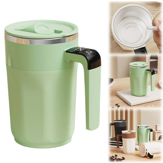 Automatic Stirring Mug – Rechargeable Self Mixing Coffee Mug in Light Green | Magnetic Coffee Cup with LED Temperature Display | Electric Travel Beverage Mixer