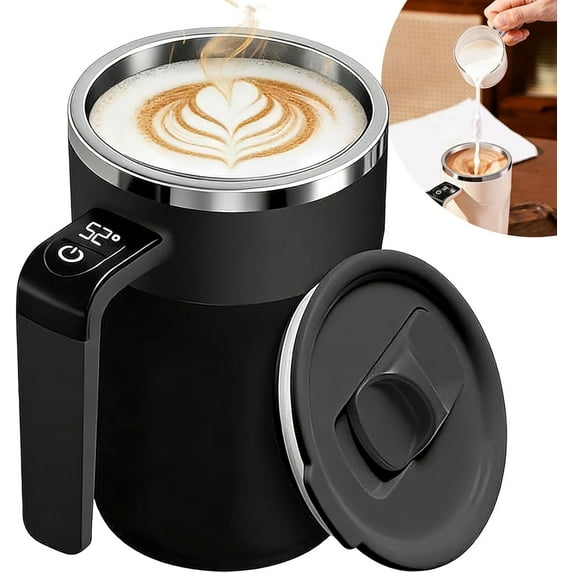 Automatic Stirring Mug with Temperature Display,2026 Rechargeable Electric Coffee Cup, Stainless Steel Auto-Stirring Mug with Lid for Hot & Cold Beverages (Black)
