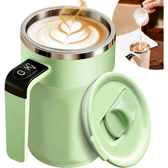 Automatic Stirring Mug with Temperature Display,2026 Rechargeable Electric Coffee Cup, Stainless Steel Auto-Stirring Mug with Lid for Hot & Cold Beverages (Mint Green)