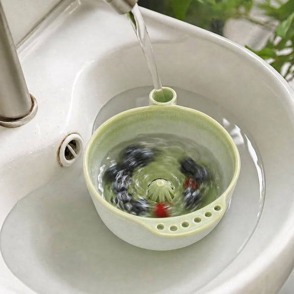 Automatic Swirl Fruit Washing Bowl 7.5 Inch, Ceramic Produce Cleaner with Water Inlet & Drain Holes, Hands-Free Berry Grape Vegetable Rinser for Kitchen Counter