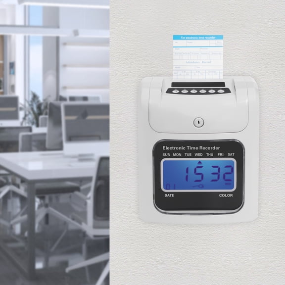 Automatic Time Card Clock Attendance Recorder PlugIn Punch Clock with TwoColor Print, 50 Cards, Security Lock & Ring Alarm Easy Setup for Small Business, Office, Home