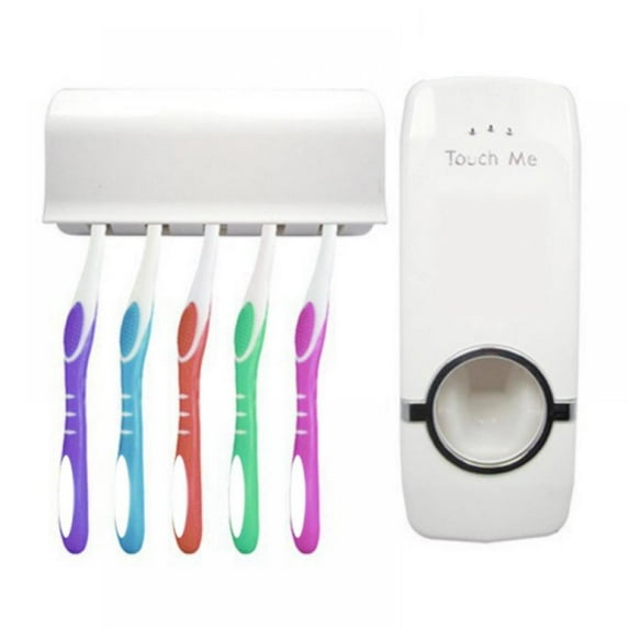 Automatic Toothpaste Dispenser with Wall Mount Toothbrush Holder Toothpaste Squeezer with 5 Brushes Set Kids Hands Free Toothpaste Dispenser for Shower Bathroom Sink (White)