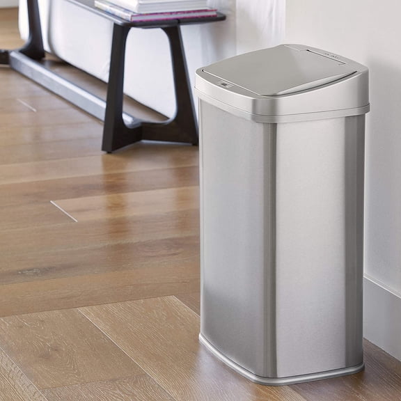 Automatic Touchless Motion Sensor Rectangular Trash Can 13.2 Gallons, 50L, Silver Trim