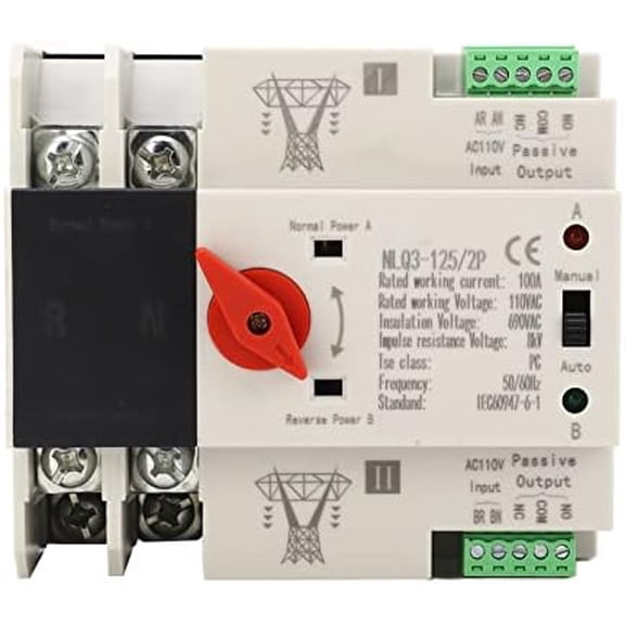 Automatic Transfer Switch, AC110V 100A Power Automatic Transfer Switch 35mm Rail Mounting 2P ATS Generator Transfer Changeover Switch for Family Factory Laboratory Farm$$Garden &