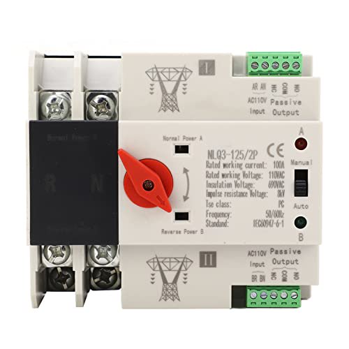 Automatic Transfer Switch, AC110V 100A Power Automatic Transfer Switch 35mm Rail Mounting 2P ATS Generator Transfer Changeover Switch for Family Factory Laboratory Farm$$Garden & Patio