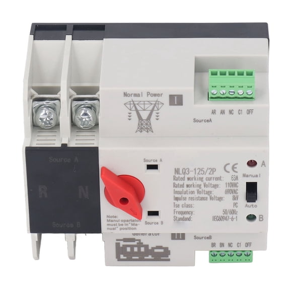 Automatic Transfer Transfer Changeover Switch, PC Grade 2P Dual Power Automatic Transfer Switch for Factory