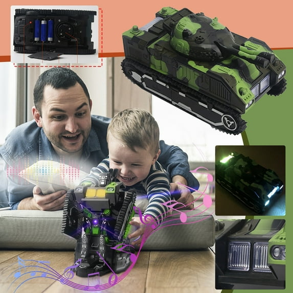 Automatic Transforming Robot Tank Toy with Obstacle Avoidance, LED Lights & Sound Effects, Universal Wheels for B0ys Age 3+ (AA Batteries Required)