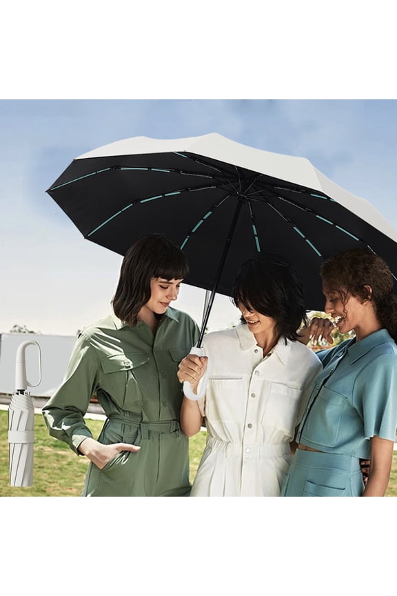 Automatic Travel Umbrella with Carabiner Handle Windproof 10 Ribs Compact Folding Auto Open Close White