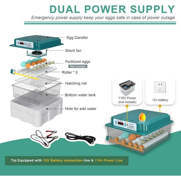 Automatic  Turning Incubator with Humidity Control and  Candler for Hatching Chicken, Duck, and Goose Eggs