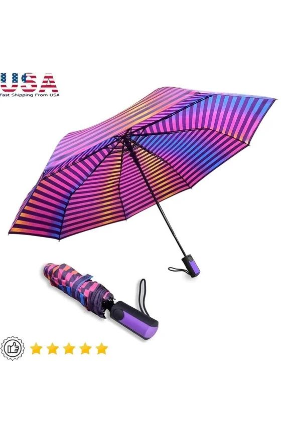 Automatic Umbrella Waterproof Ergonomic Handle Compact Deluxe Multi Stripe New