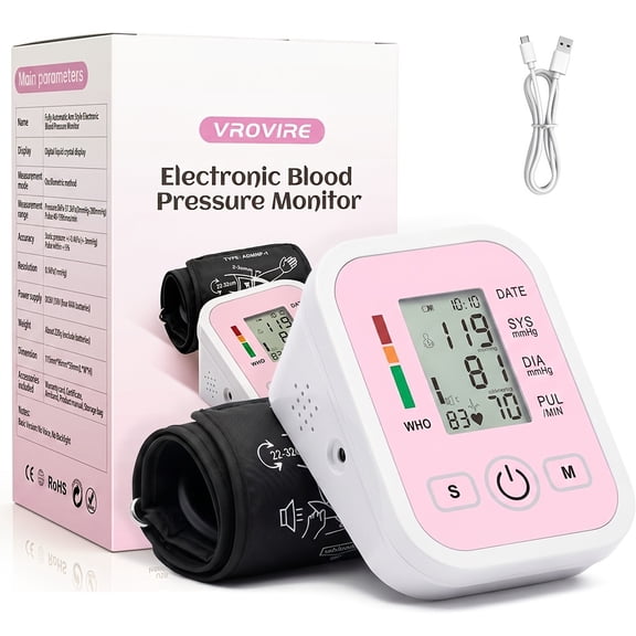 Automatic Upper Arm Wellness Monitor  Portable Digital Heart Rate Tracker with Large LCD Display, One-Button Operation, 2x99 Memory, Adjustable Cuff  Ideal for Home & Travel (Pink)