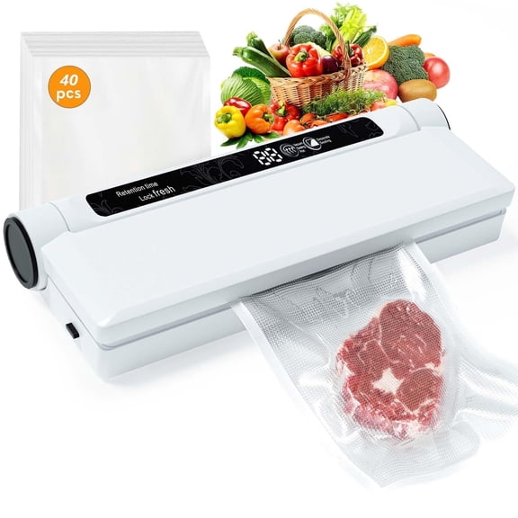 Food Vacuum Sealer Machine, 60KPA Strong Suction, Dry/Wet Modes, 40 Vacuum Seal Bags for Food, Compact Lightweight, Ideal for Home Kitchen Use