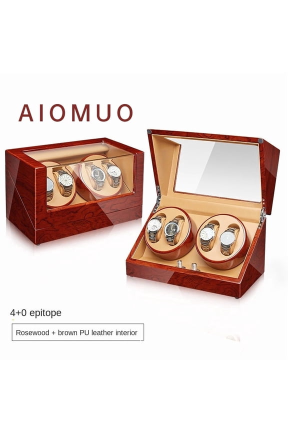 Automatic Watch Winder for 4 Watches, AIOMUO Wooden Watch Winder Box with Quiet Motor, 5 Rotation Modes, AC Adapter or Battery Powered, PU Leather Interior, Piano Lacquer Case