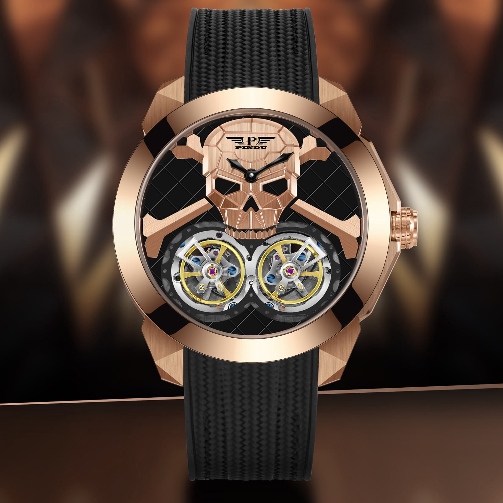 Automatic Watches for Men，Dual Flying Tourbillon Ghost Head Skeleton ...