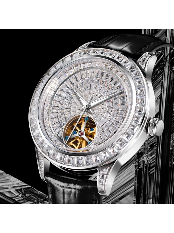 Automatic Watches for Men, Men's Luxury Mechanical Watch with Rhinestone Dial and Stainless Steel Case
